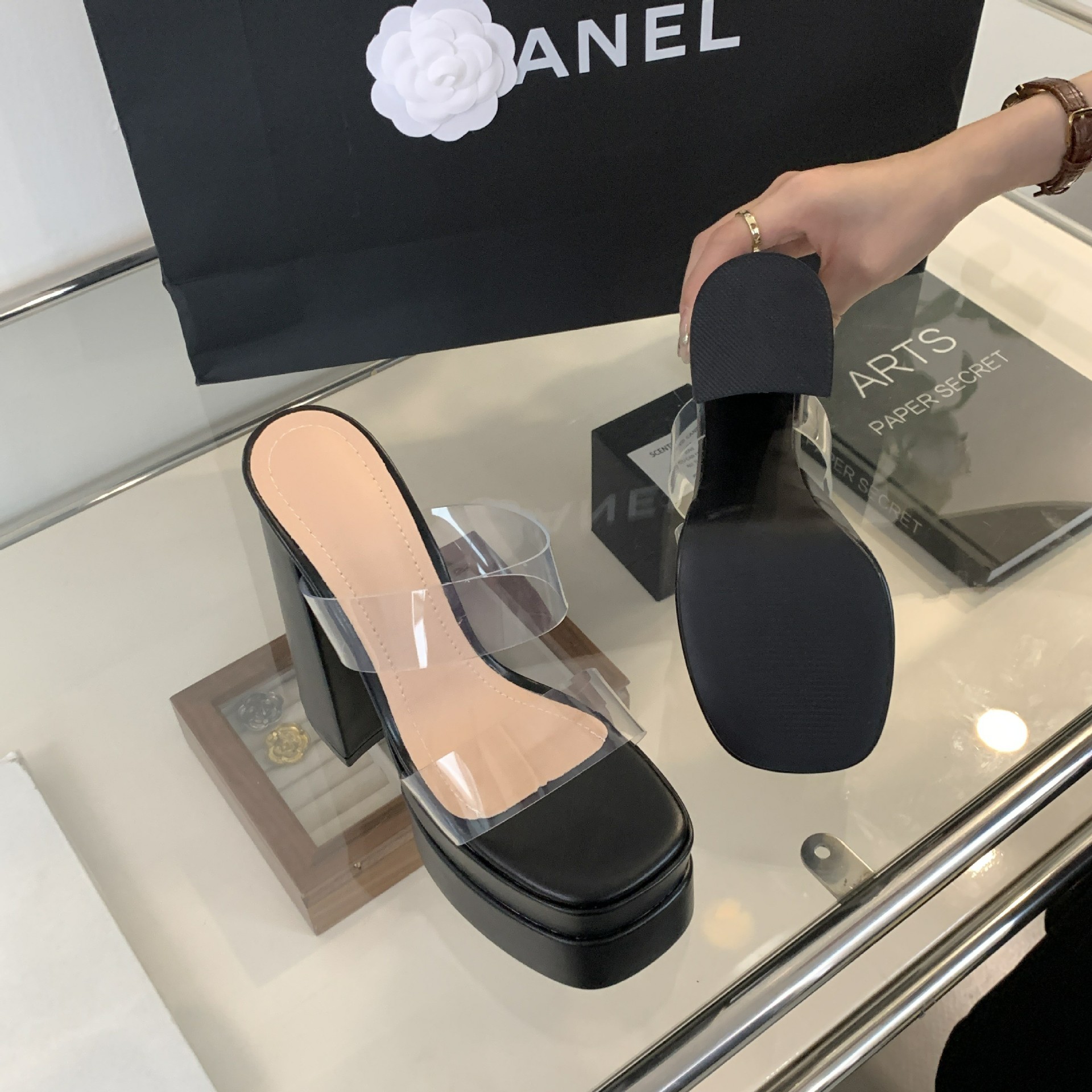 Sandal cao gót nữ hở mũi đế dày trong suốt đính đá rhinestone gót 15 cm — Màu đen chi tiết 14