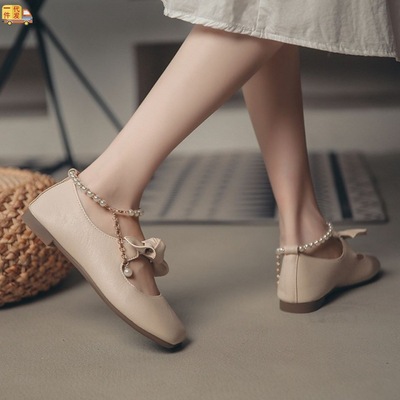 fairy bow Flat bottom Mary Jane Single shoes shoes 2022 spring and autumn Versatile Pearl temperament Amazon