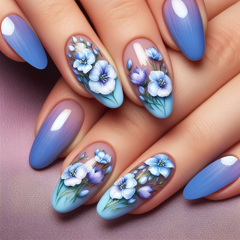 Ventas transfronterizas de lirio flor manicura azul gradiente de gota de agua parche de uñas de alta calidad Uña