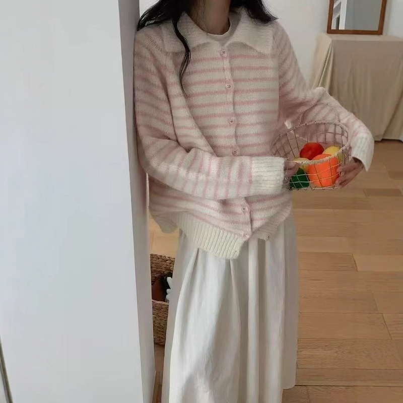 经典条纹韩系秋冬新款休闲设计款慵懒风polo领针织开衫毛衣外套|undefined