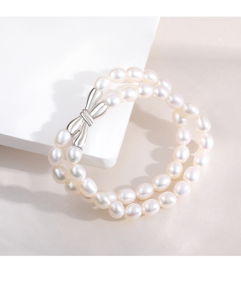 New S925 Silver Pearl Bowknot Double Bracelet Temperament Jewelry display picture 4