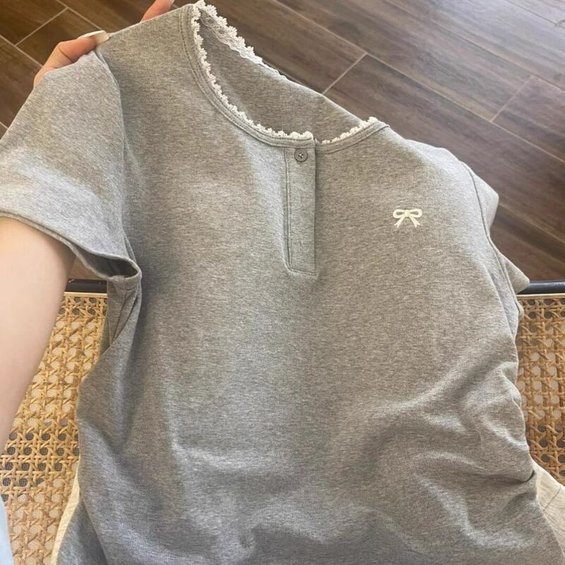 Cotton Summer New Lace Edge Bow Button Shoulder Short-sleeved Slim-fit Pleated Waist Slimming Base Shirt Trendy Cotton Summer New Lace Edge Bow Button Shoulder Short-sleeved Slim-fit Pleated Waist Slimming Base Shirt Trendy