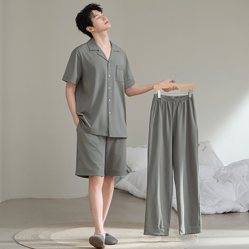 Men's Pajamas, Men's Summer Pure Cotton 2026 New Style Short-Sleeved Long Pants Three-Piece Set, High-Quality Home Wear for Summer