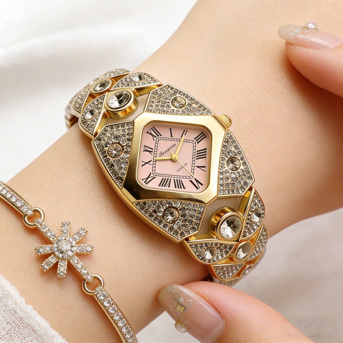 In-Stock Women's Quartz Watch with Diamond-Studded Bracelet, Suitable for Both Casual and Professional Wear, Niche Design, High-End Appearance, Wholesale Preferred