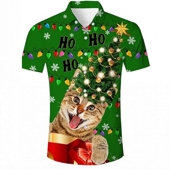 Venta caliente transfronteriza europea y americana, linda mascota gato estampado 3D, camisa hawaiana de manga corta con botones sueltos en la calle principal para hombres