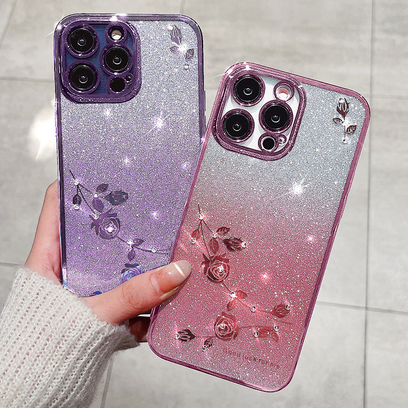 Aplicable a iPhone17Pro caso de teléfono móvil gradiente polvo de brillo de diamante de manzana 16 galvanizado inmortalidad flor de caída funda suave