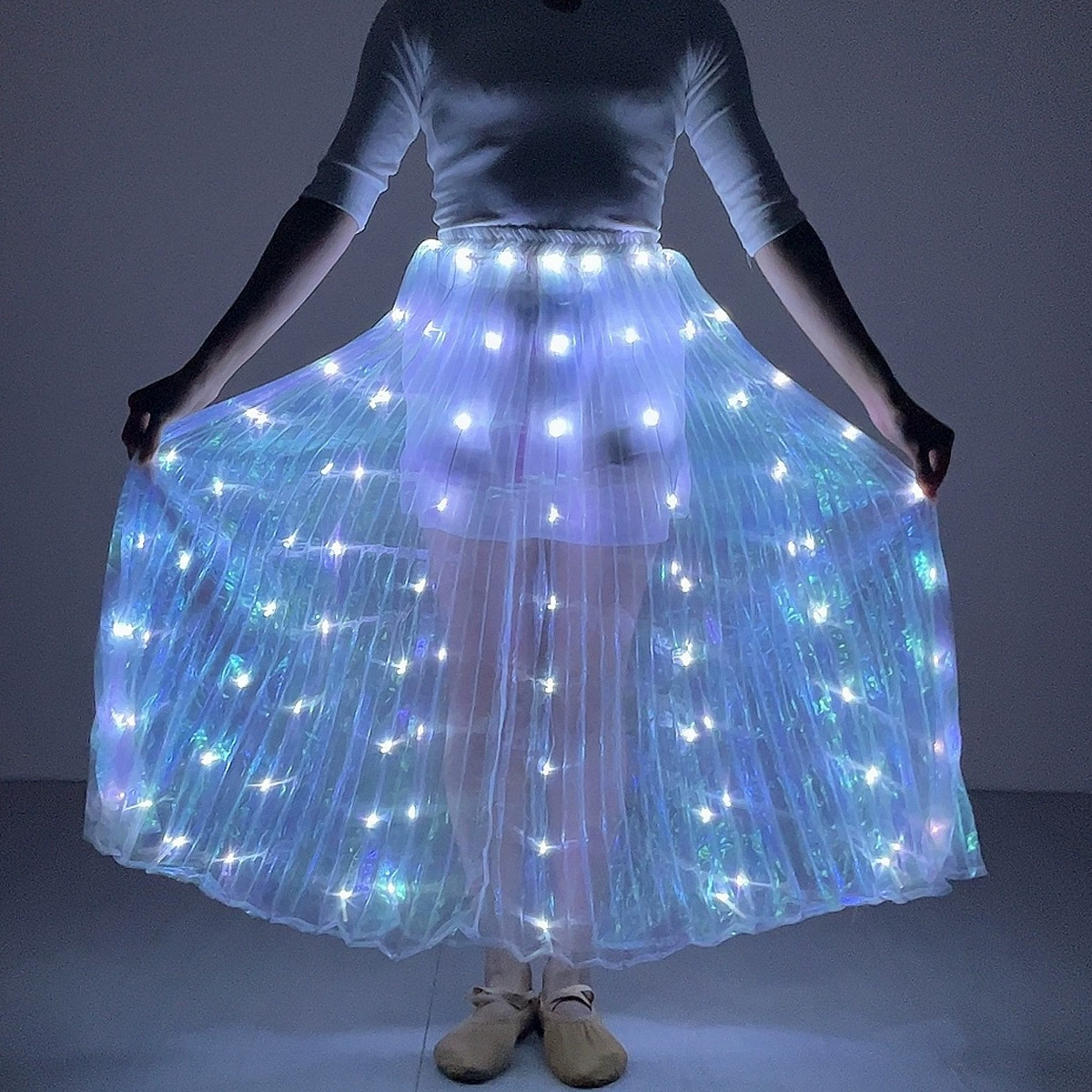 LED юбка белая/фантазийная заряжаемая складчатая юбка прозрачные реквизит для танца, костюм для танца живота