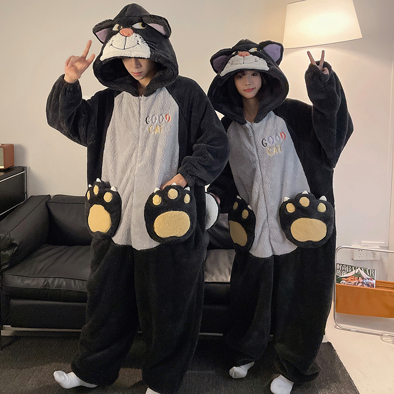 ワンピースのカップルのパジャマの女性の珊瑚の絨毯は厚いです。秋冬の男性のファスナーのフランネルの家の服は一体になります。|undefined