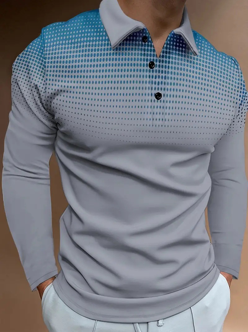 Puntos de color degradado simples con estampado 3D para hombres casuales de todo fósforo negocios sueltos de manga larga con cuello con botones en stock