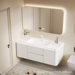 奶油風膚感可麗耐一體雙盆浴室櫃組合橡木衛浴櫃洗漱台洗手台盆櫃