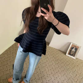 外贸2026日韩新款百搭小裙摆泡泡袖针织上衣女