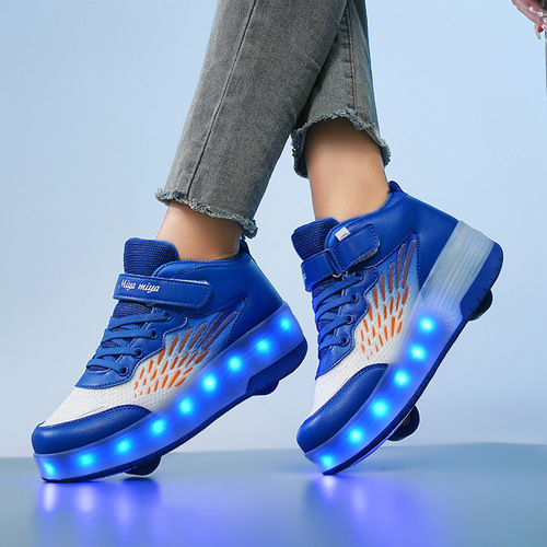 Children's Running Shoes with Four-Wheeled Transforming Roller Skates for Boys, Dual-Wheel Invisible Roller Skates, Purple and White Ice Skates for Wholesale
