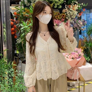 法式刺绣V领长袖衬衣女2026年新款春季甜美娃娃衬衫气质宽松上衣