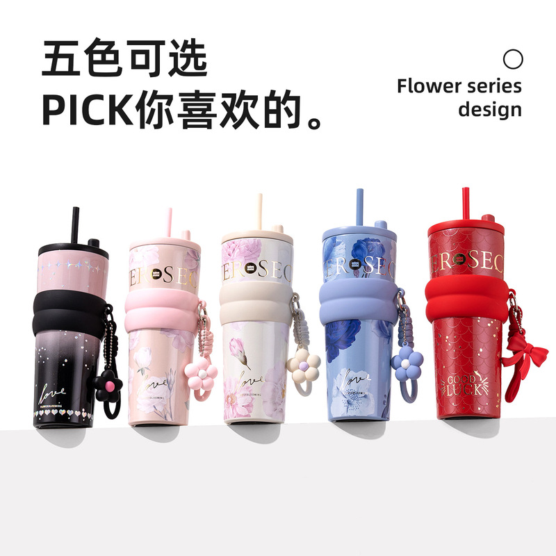 High-Looking Flower Thermos Cup 316 Ceramic Straw Cup Large Capacity Car Water Cup Portable Coffee Cup