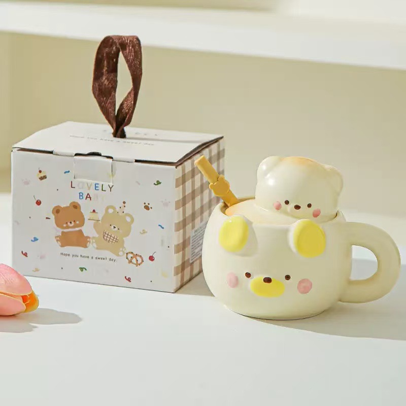 Creativo dibujos animados lindos tazas de cerámica osos tridimensionales de alto valor facial para el hogar taza de leche taza de desayuno regalo de cumpleaños