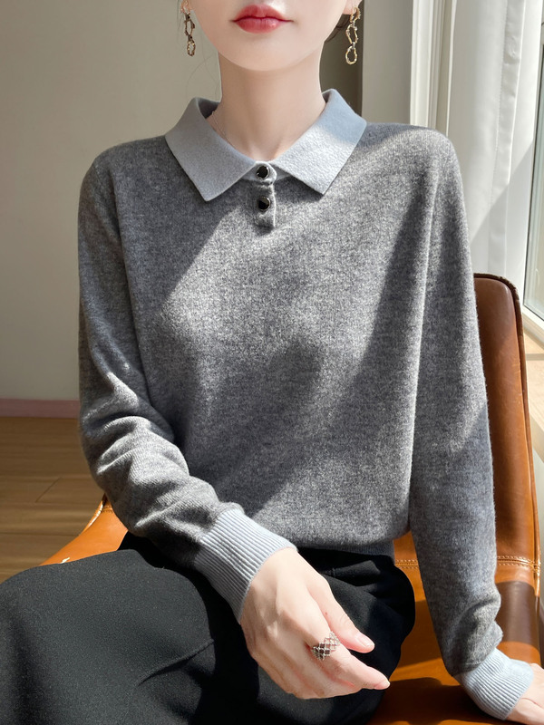 2025年秋冬新款纯羊毛Polo领针织衫长袖女拼色软糯保暖套头打底衫|undefined