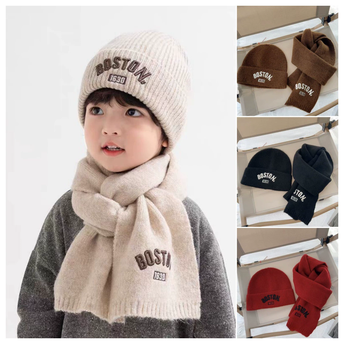 儿童针织帽子围巾两件套韩系秋冬个性宝宝毛线帽保暖字母刺绣围巾
