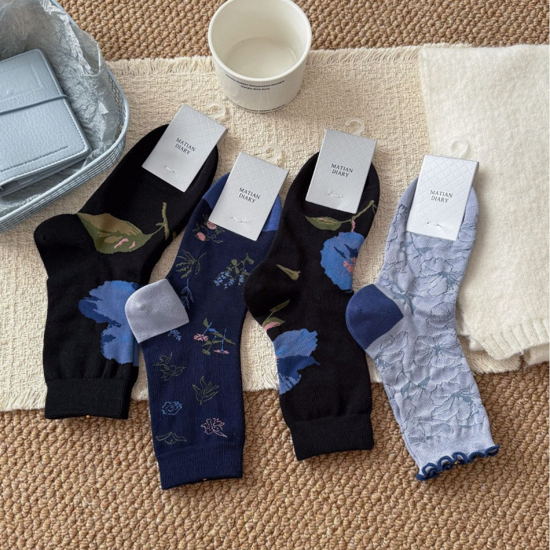 Matai Diary 26 Autumn/Winter New Vintage Blue Floral Long Cotton Women's Mid-Calf Socks Thickened French Country Style Matai Diary 26 Autumn/Winter New Vintage Blue Floral Long Cotton Women's Mid-Calf Socks Thickened French Country Style
