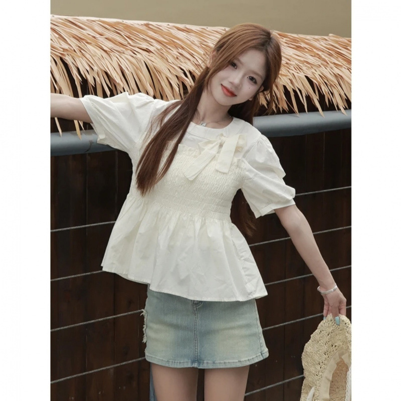 Sweet Cute Bow Puff Sleeve Shirt Women's Short Short Short Sleeve Shirt Tight Waist Slimming Pleated Top