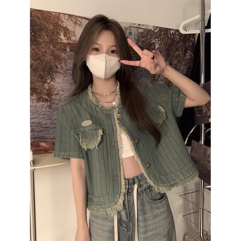 Chanel-Style Tassel Denim Short Jacket for Women, Summer Trendy Retro Casual Regular Shoulder Striped Washed Short-Sleeve Shirt Chanel-Style Tassel Denim Short Jacket for Women, Summer Trendy Retro Casual Regular Shoulder Striped Washed Short-Sleeve Shirt