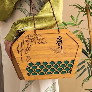 2025 New High-End Dragon Boat Festival Rice Dumpling Gift Box Empty Box Salted Duck Egg Creative Portable Bamboo Wooden Gift Box Empty Box