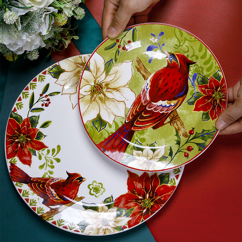 European and American American plate creative Christmas red bird dinner plate hand-painted flat plate personalized rectangular tray underglaze color
