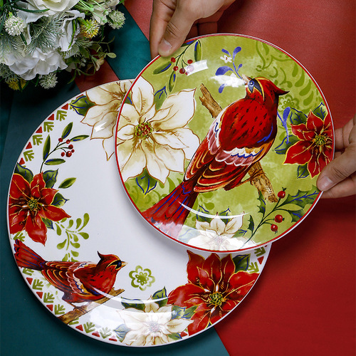 European and American American plate creative Christmas red bird dinner plate hand-painted flat plate personalized rectangular tray underglaze color