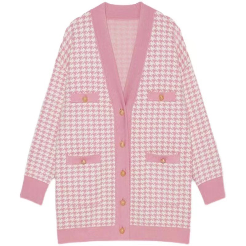 法单S家2020秋冬新款学院风宽松千鸟格淑女外套针织开衫女潮