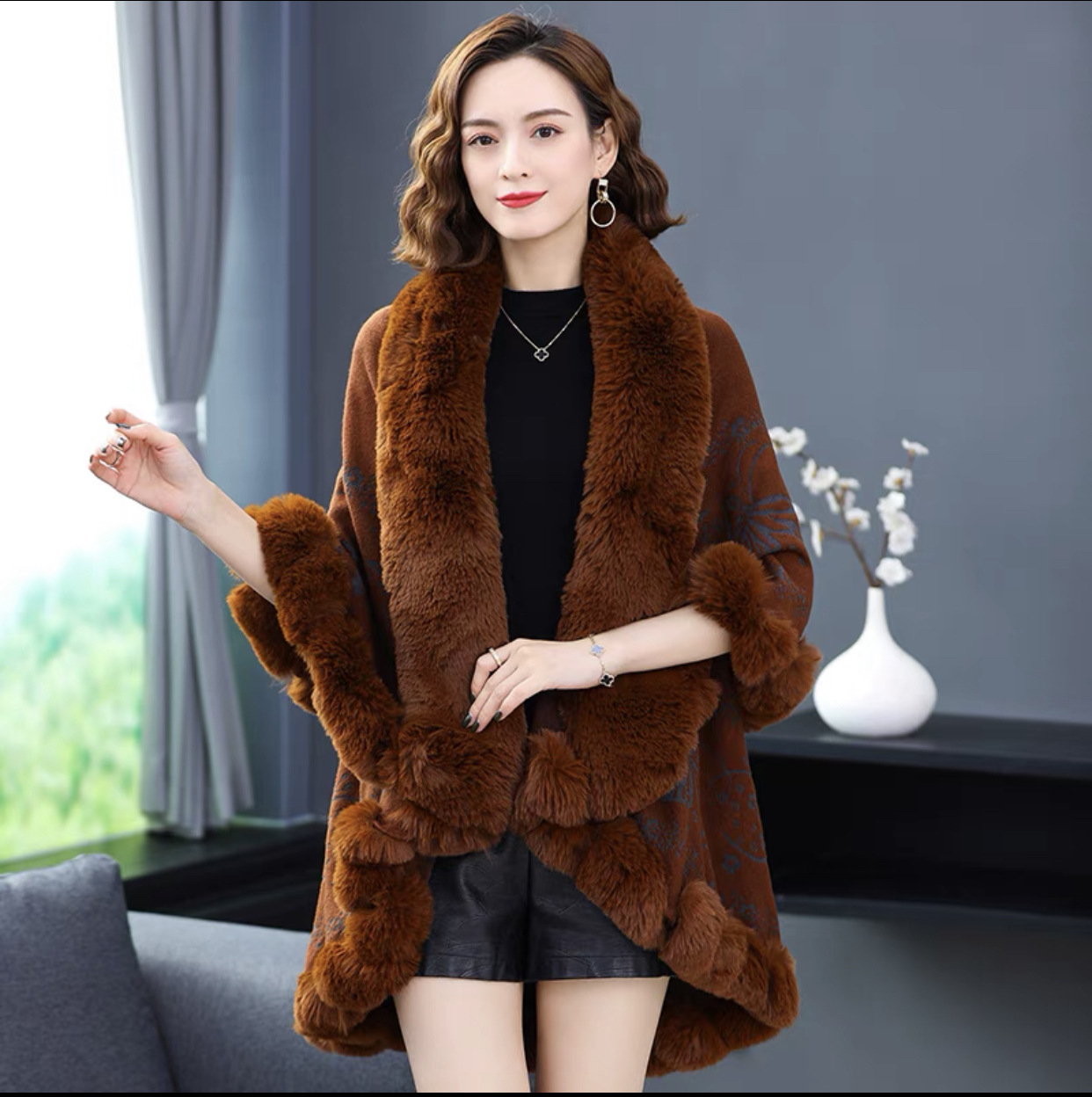 Fur collar cape cape ladies plus-size jacquard knit cardigan loose coat_voghion.com