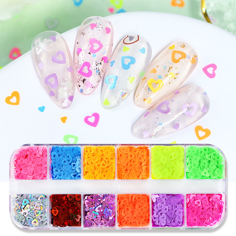 12-rejilla en caja de colores en forma especial lentejuelas mariposa amor flor estrella uñas DIY lentejuelas joyería al por mayor