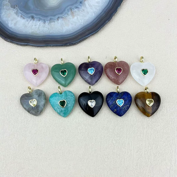Natural Crystal Heart-Shaped Tiger Eye Stone Pendant with Diamonds, Sparkling Stone Heart-Shaped Zircon Necklace Jewelry Making Zircon with Diamonds