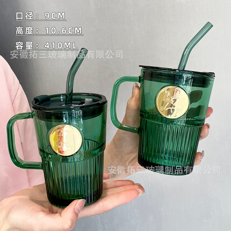 Glass Water Cup for Women with Lid and Straw, Coffee Cup for Home Use with Handle, Office European Retro Milk Cup and Milk Tea Cup