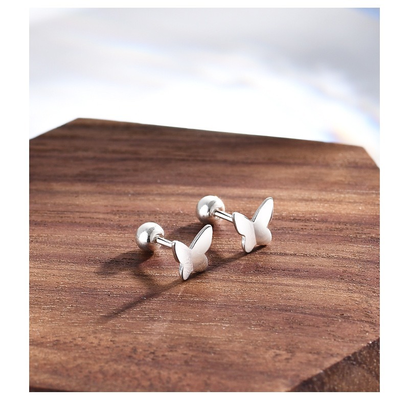 Pure Silver S999 Full Silver Screw Fastener Polished Butterfly Earrings for Women, Simple and Elegant, Sweet and Versatile Ear Bone Studs