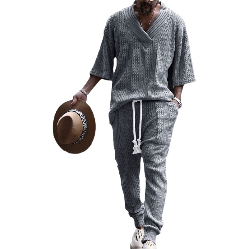 2024 Amazon transfronterizo verano de los Hombres Nuevo traje de punto casual europeo y americano suelta de manga corta Camiseta pantalones hombres