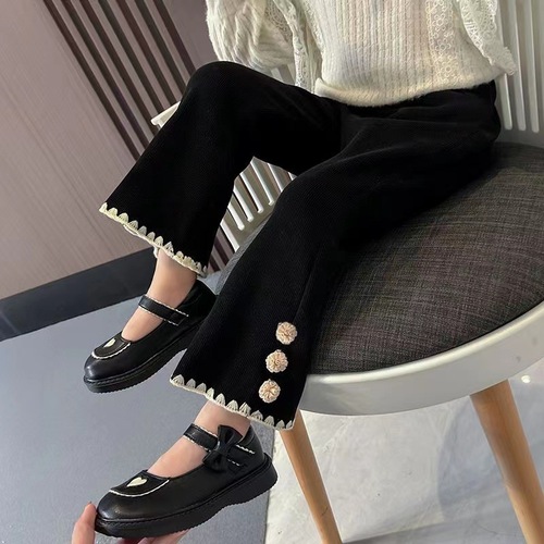 Women's Baby Outer Wearing Lace Edge Stylish Bell Bottom Pants, Versatile Long Pants for Girls, Autumn and Winter Thicken Long Pants