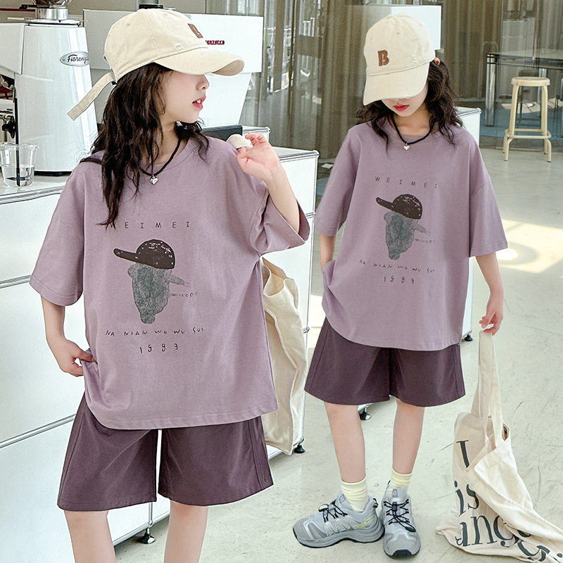 2024夏季新款儿童时髦帽子短袖运动套装中大女童短裤休闲两件套