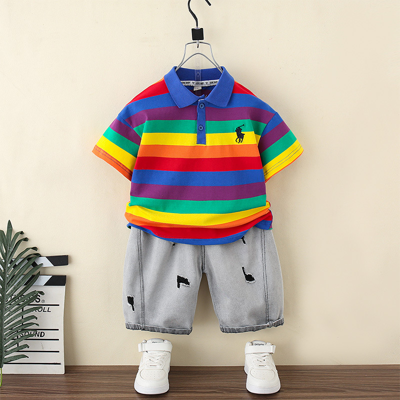 7376 traje de niño verano 2025 nuevos pantalones cortos de mezclilla para niños verano niño bebé manga corta de dos piezas de moda