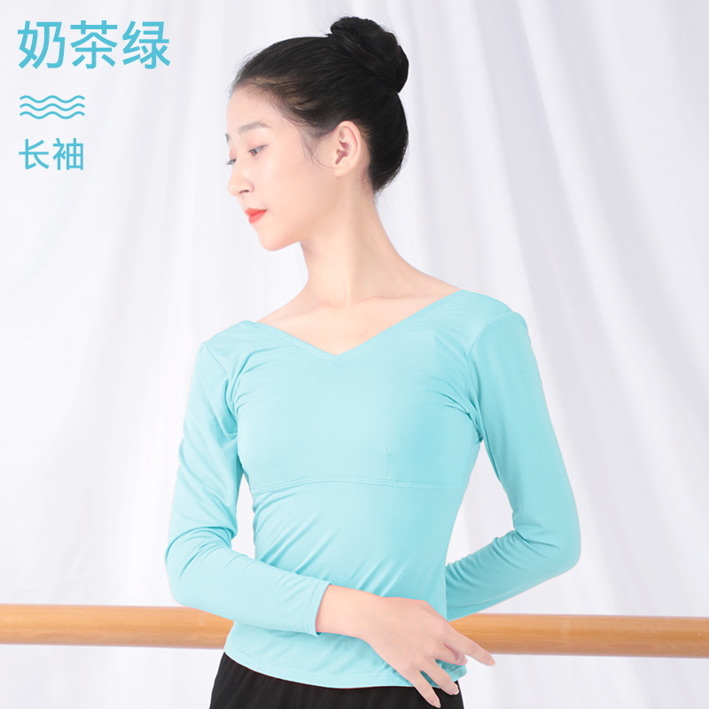 Ropa de baile para adultos ropa de práctica de ballet femenino frente Cross aeróbicos manga larga yoga body Dance Top T-shirt