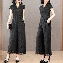 高端新中式/蚕丝套装夏装上衣洋气妈妈装阔腿裤两件套