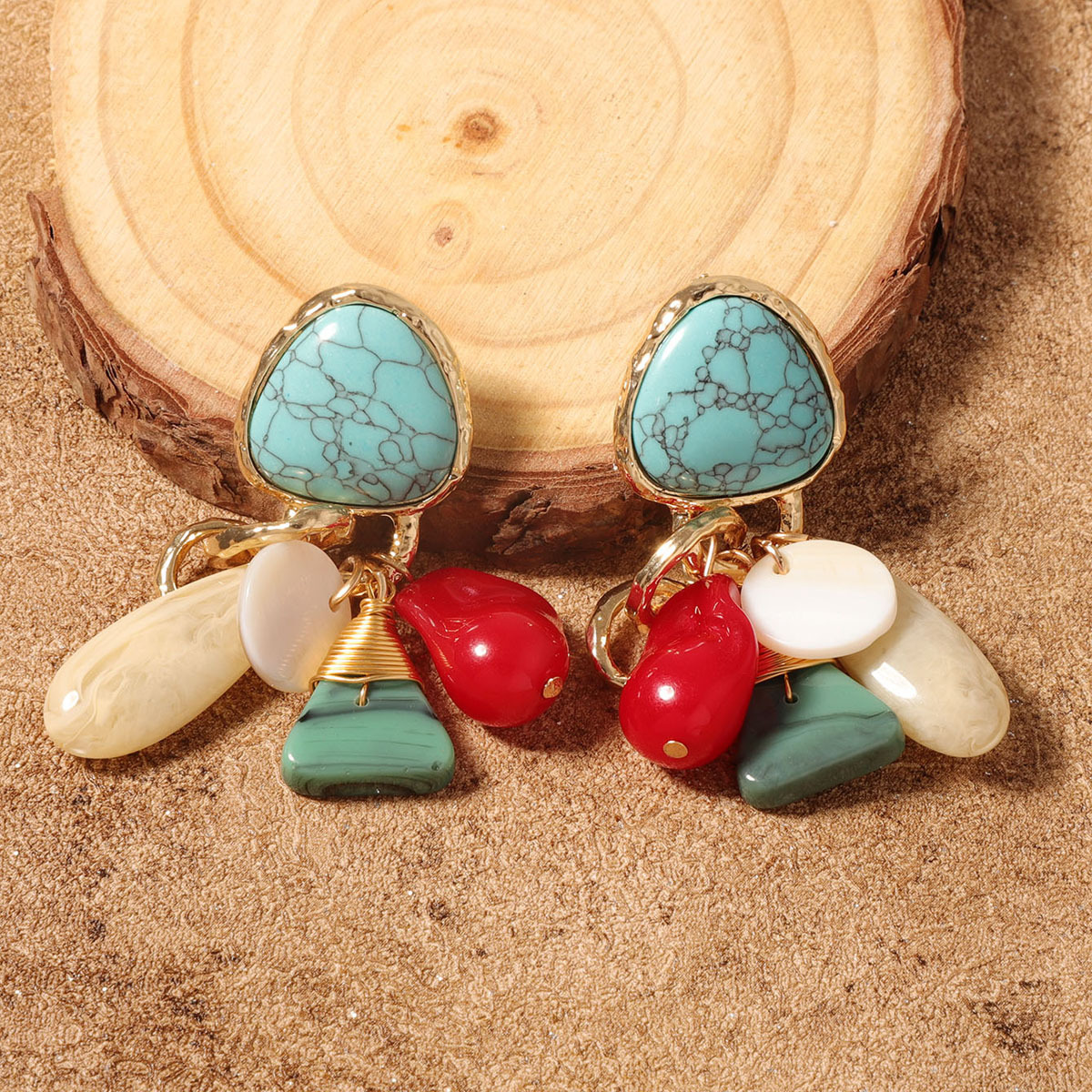 ZA cross-border fashion personality retro ethnic style colored gemstone irregular shape pendant earrings niche women