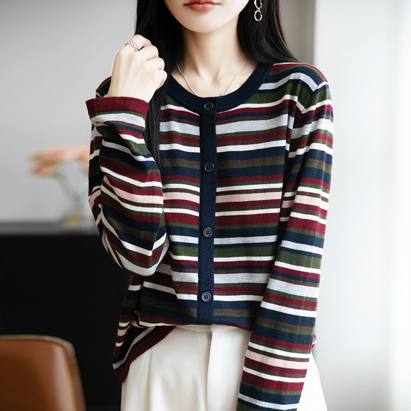 2025新款款上衣洋气女装秋冬装针织外套宽松显瘦时尚条纹毛衣开衫