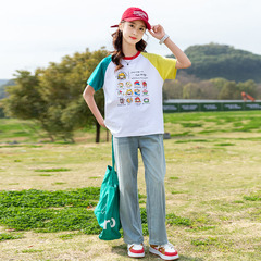 2024年夏季童針織T恤卡通圖案雙拼色圓領設計織里女中大童裝批發