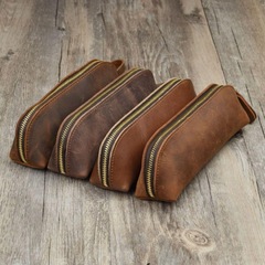 瘋馬牛皮手工筆袋男女文具筆盒鋼筆收納拉鏈眼鏡包