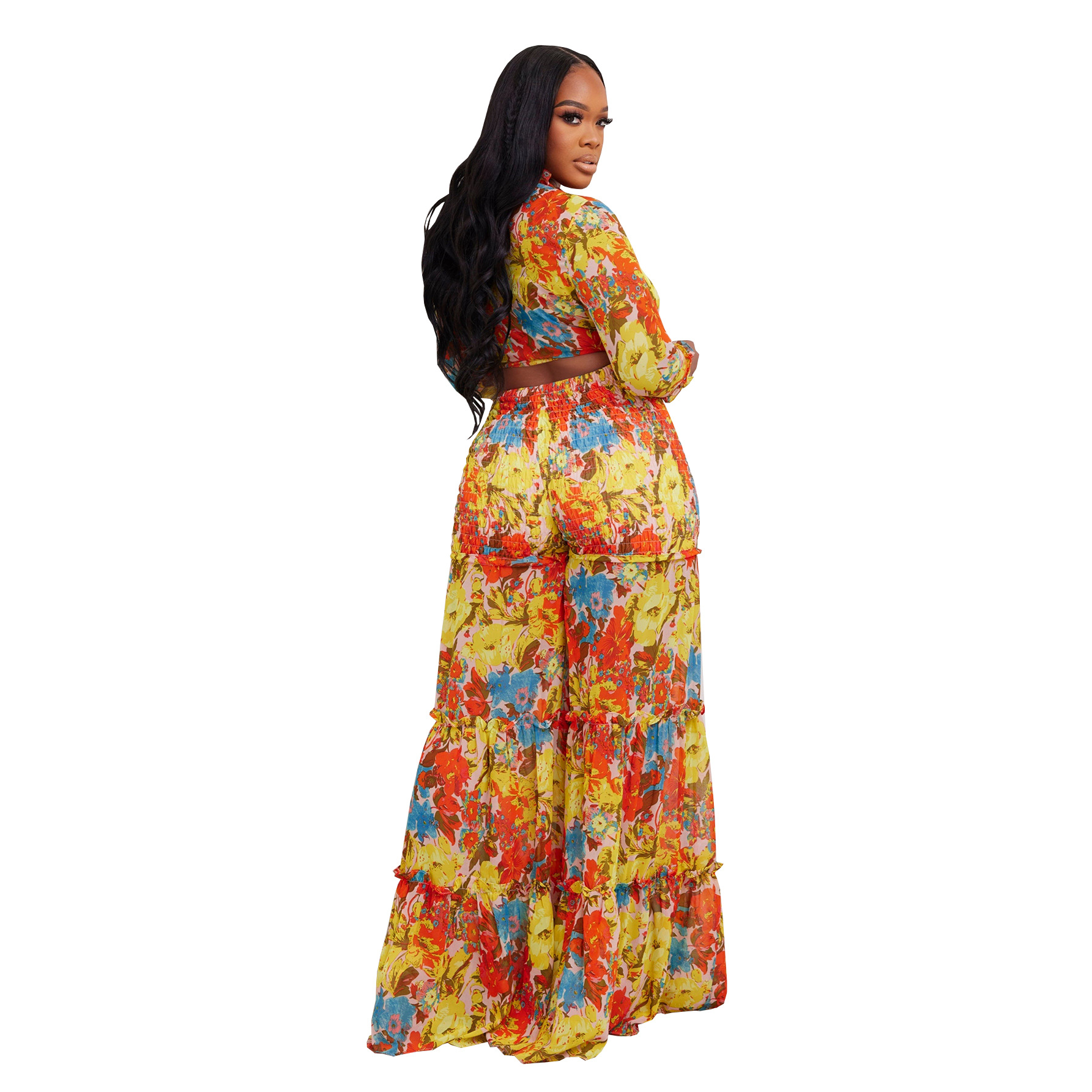 Women's Clothing fashion contrast color printed chiffon long sleeved lace up flared pants two piece suit _voghion.com