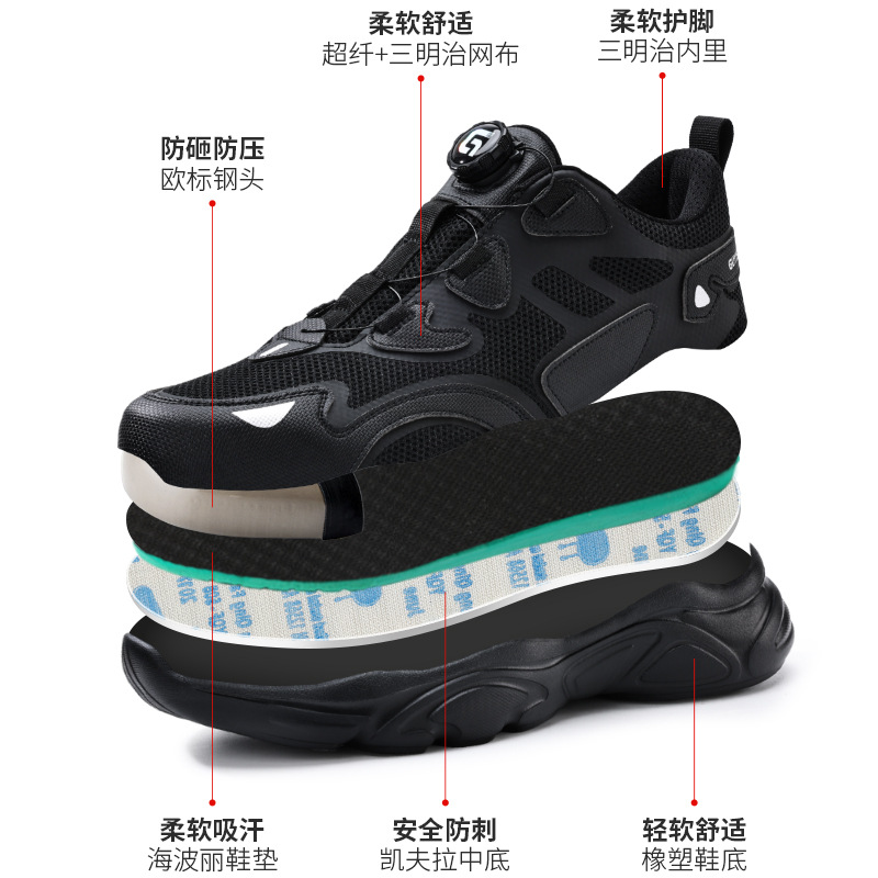 Safety protective work shoes with anti-strike and anti-puncture smart shoe fastener, no lacing, wear-resistant, comfortable, all-season safety protection.