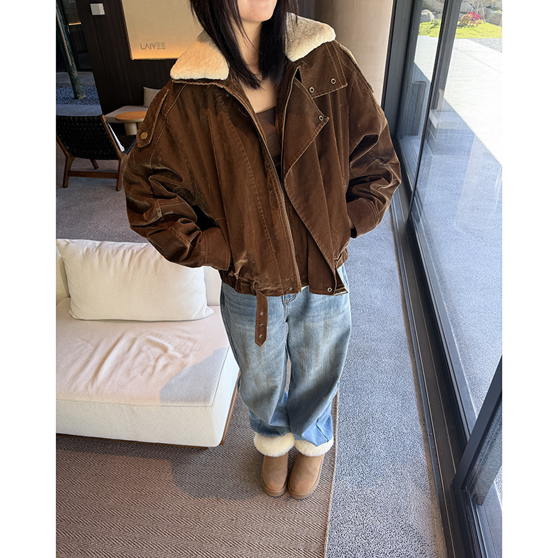 『City Travel』Flocked Denim down Jacket American Retro Coat Merino Sheep Fur Collar Parka 『City Travel』Flocked Denim down Jacket American Retro Coat Merino Sheep Fur Collar Parka