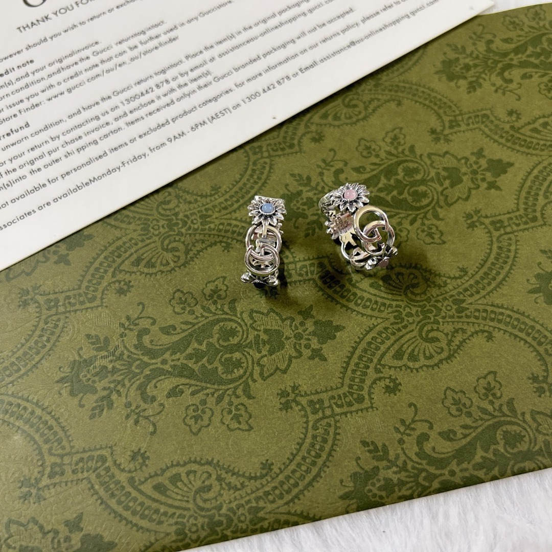 源头厂家925银戒指 古家绿松石粉晶双G戒指男女潮流个性气质指环