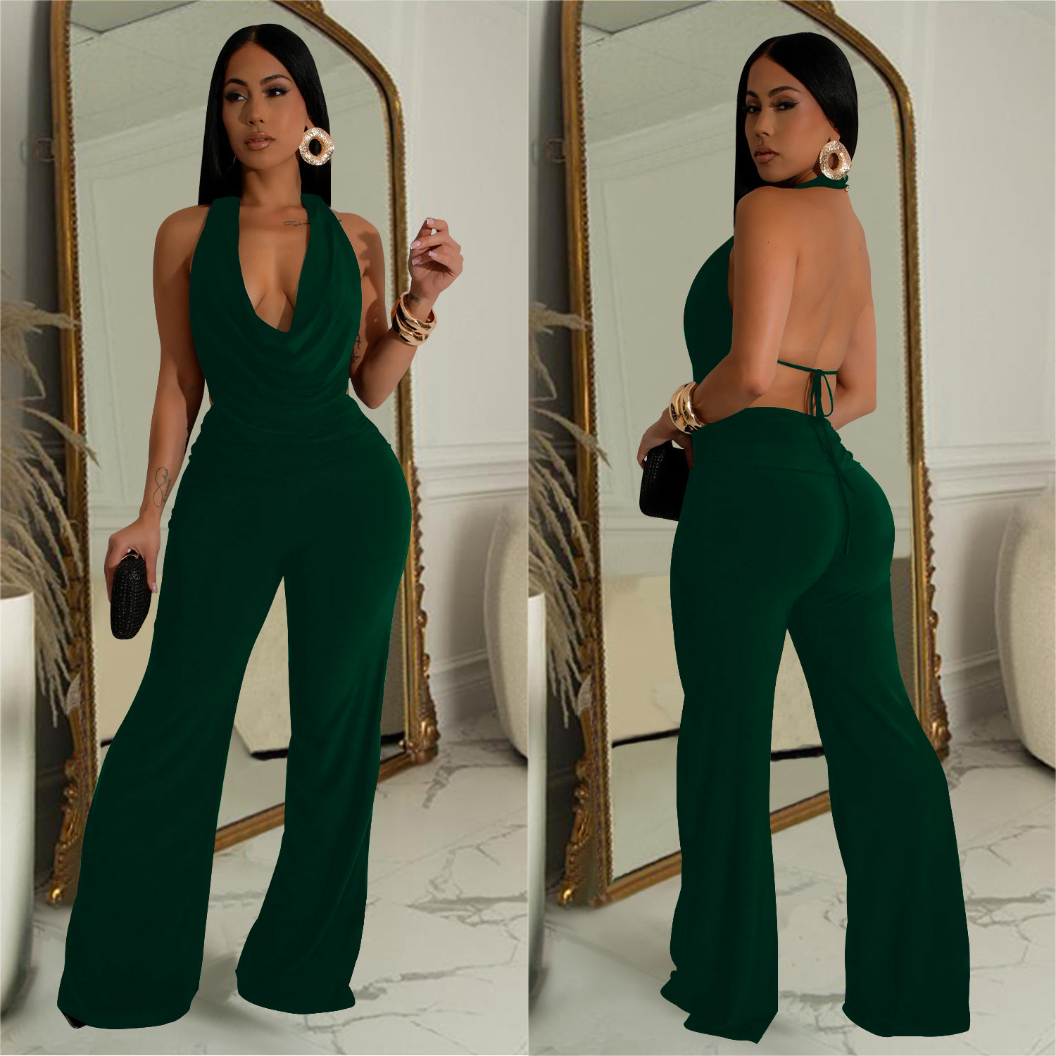 C7085 Aliexpress transfronterizo Amazon estación independiente de moda europea y americana ropa de mujer sin mangas pantalones en V profundos dos pantalones largos image 5