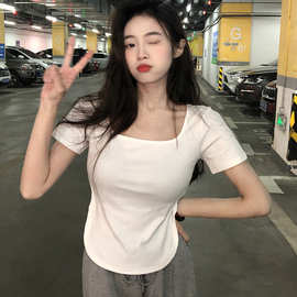 夏季新款纯色风大u领辣妹上衣显瘦修身不规则短袖t恤女