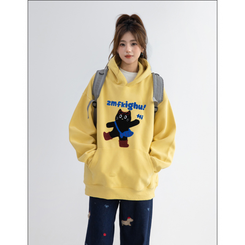 Korean Style Kitten Towel Embroidered Hooded Sweatshirt for Women 2025 New Autum Small Loose Lazy Style Long-Sleeved Top